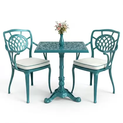 Tek ayak masa sandalye alüminyum döküm ferforje takım turkuaz