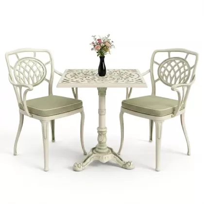 Tek ayak masa sandalye alüminyum döküm ferforje takım beyaz yeşil patina