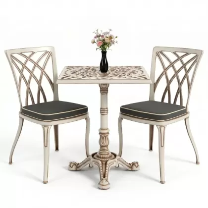 Kolsuz ferforje alüminyum döküm sandalye masa seti beyaz eskitme