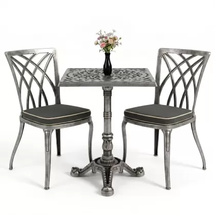 Kolsuz ferforje alüminyum döküm sandalye masa seti gümüş silver