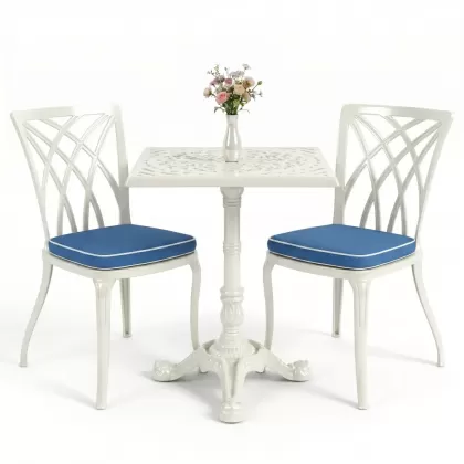 Kolsuz ferforje alüminyum döküm sandalye masa seti beyaz