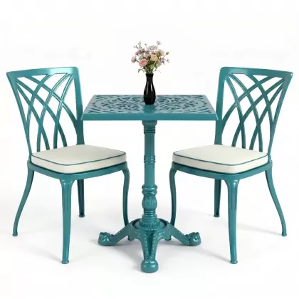Kolsuz ferforje alüminyum döküm sandalye masa seti turkuaz