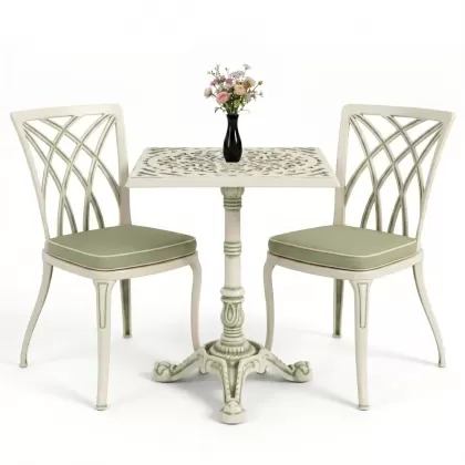 Kolsuz ferforje alüminyum döküm sandalye masa seti yeşil eskitme beyaz