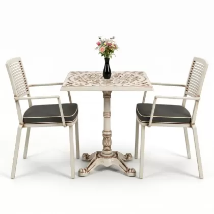 Tek ayaklı kare alüminyum döküm ferforje döküm masa sandayle takımı beyaz eskitme