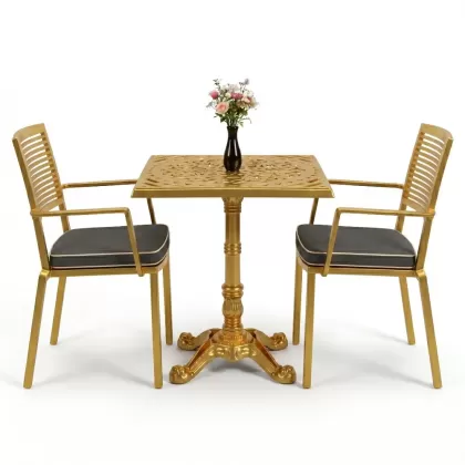 Tek ayaklı kare alüminyum döküm ferforje döküm masa sandayle takımı altın gold