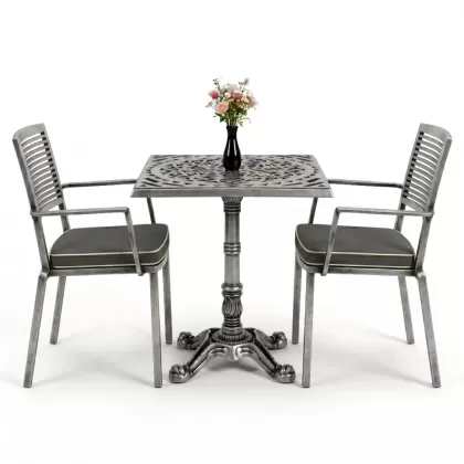 Tek ayaklı kare alüminyum döküm ferforje döküm masa sandayle takımı silver gümüş