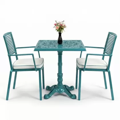 Tek ayaklı kare alüminyum döküm ferforje döküm masa sandayle takımı turkuaz