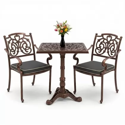 Ferforje alüminyum döküm 2 kişilik kare döküm masa sandalye takımı bakır eskitme