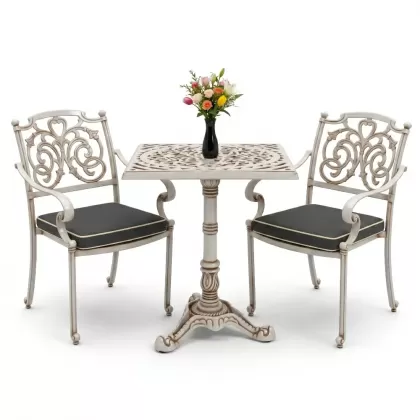 Ferforje alüminyum döküm 2 kişilik kare döküm masa sandalye takımı beyaz eskitme