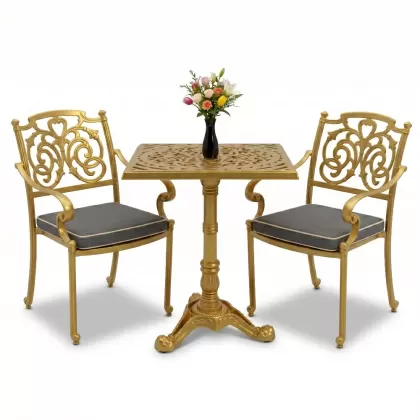 Ferforje alüminyum döküm 2 kişilik kare döküm masa sandalye takımı gold altın