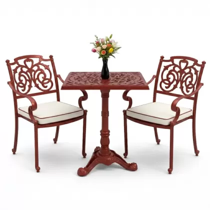 Ferforje alüminyum döküm 2 kişilik kare döküm masa sandalye takımı kiremit rengi