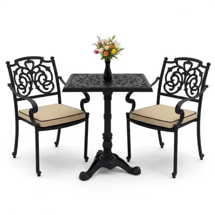 Ferforje alüminyum döküm 2 kişilik kare döküm masa sandalye takımı siyah