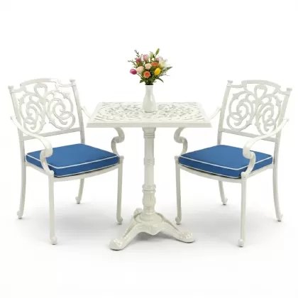 Ferforje alüminyum döküm 2 kişilik kare döküm masa sandalye takımı beyaz