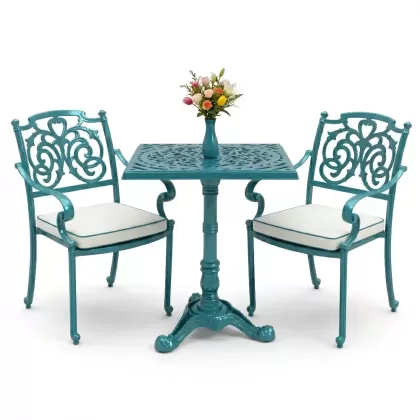 Ferforje alüminyum döküm 2 kişilik kare döküm masa sandalye takımı turkuaz