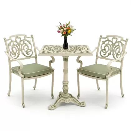 Ferforje alüminyum döküm 2 kişilik kare döküm masa sandalye takımı yeşil beyaz patina