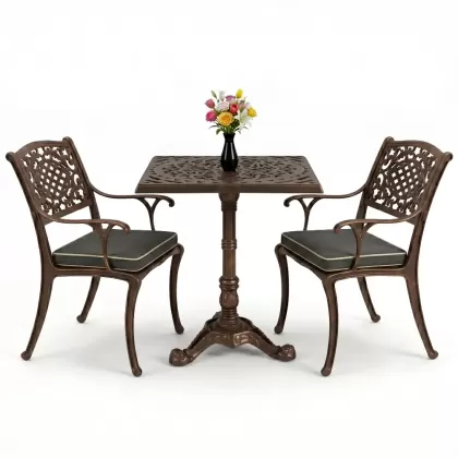 2 Kişilik alüminyum döküm ferforje kare masa sandalye takımı bakır eskitme