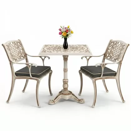 2 Kişilik alüminyum döküm ferforje kare masa sandalye takımı beyaz eskitme