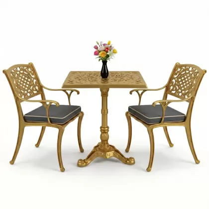 2 Kişilik alüminyum döküm ferforje kare masa sandalye takımı gold altın
