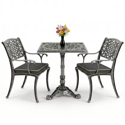 2 Kişilik alüminyum döküm ferforje kare masa sandalye takımı silver gümüş