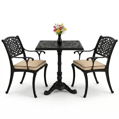 2 Kişilik alüminyum döküm ferforje kare masa sandalye takımı siyah