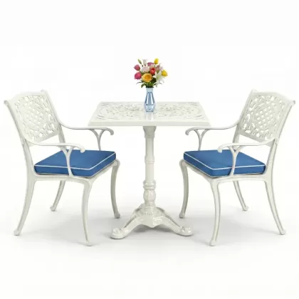 2 Kişilik alüminyum döküm ferforje kare masa sandalye takımı beyaz
