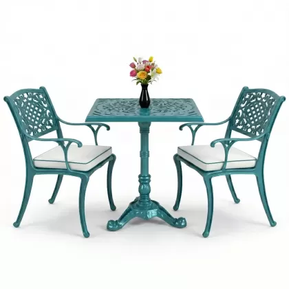 2 Kişilik alüminyum döküm ferforje kare masa sandalye takımı turkuaz