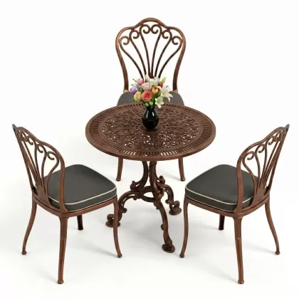 3 kişilik alüminyum döküm yvarlak masa tavuskuşı kolsuz sandelye takımı bakır eskitme
