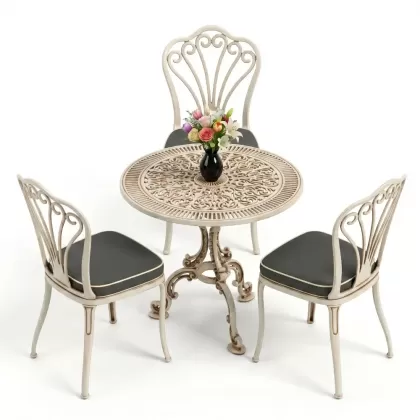 3 kişilik alüminyum döküm yvarlak masa tavuskuşı kolsuz sandelye takımı beyaz eskitmöe