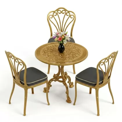 3 kişilik alüminyum döküm yvarlak masa tavuskuşı kolsuz sandelye takımı gold altı