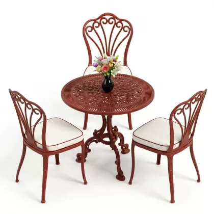 3 kişilik alüminyum döküm yvarlak masa tavuskuşı kolsuz sandelye takımı kiremit kırmız