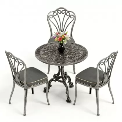 3 kişilik alüminyum döküm yvarlak masa tavuskuşı kolsuz sandelye takımı gümüş silver