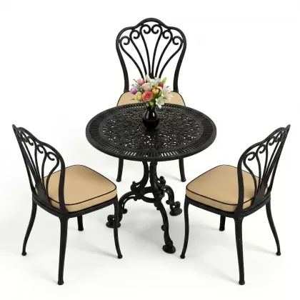 3 kişilik alüminyum döküm yvarlak masa tavuskuşı kolsuz sandelye takımı siyah