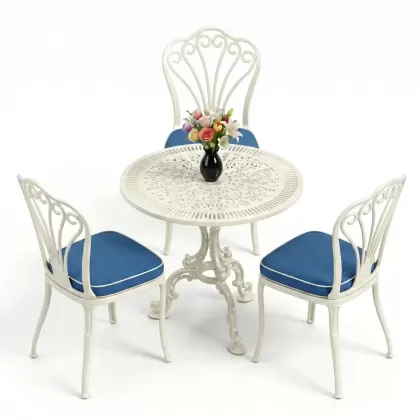 3 kişilik alüminyum döküm yvarlak masa tavuskuşı kolsuz sandelye takımı beyaz