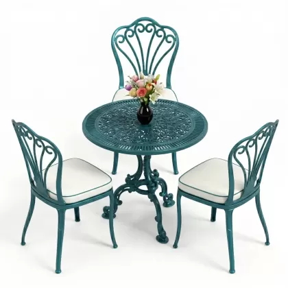 3 kişilik alüminyum döküm yvarlak masa tavuskuşı kolsuz sandelye takımı turkuaz