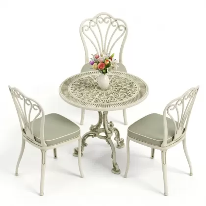 3 kişilik alüminyum döküm yvarlak masa tavuskuşı kolsuz sandelye takımı yeşil beyaz patina