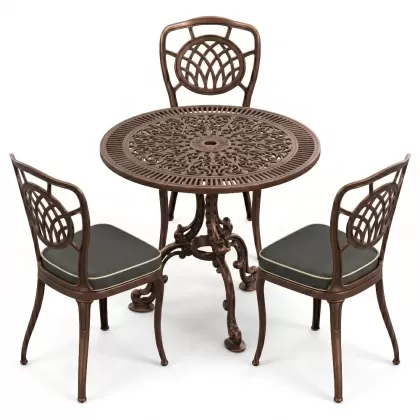 3 kişilik yuvarlak ferforje masa alüminyum döküm sandalye takımı bakır eskitme