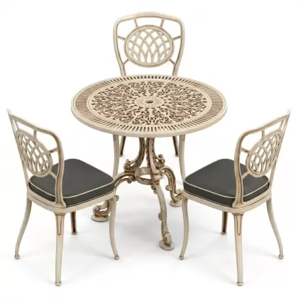 3 kişilik yuvarlak ferforje masa alüminyum döküm sandalye takımı beyaz eskitme