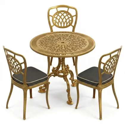 3 kişilik yuvarlak ferforje masa alüminyum döküm sandalye takımı gold altın