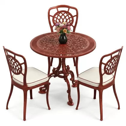 3 kişilik yuvarlak ferforje masa alüminyum döküm sandalye takımı kırmızı kiremit