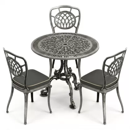 3 kişilik yuvarlak ferforje masa alüminyum döküm sandalye takımı silver gümüş