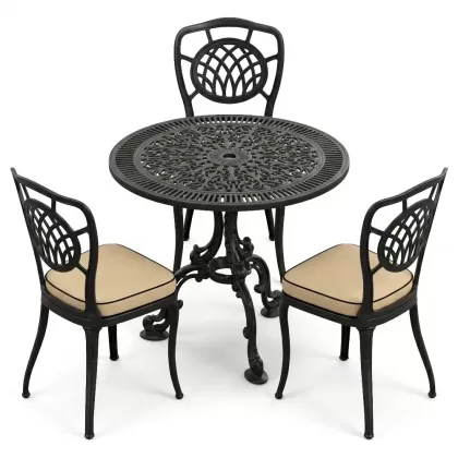 3 kişilik yuvarlak ferforje masa alüminyum döküm sandalye takımı siyah