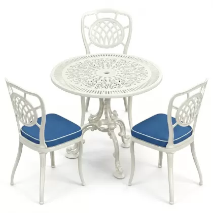 3 kişilik yuvarlak ferforje masa alüminyum döküm sandalye takımı beyaz