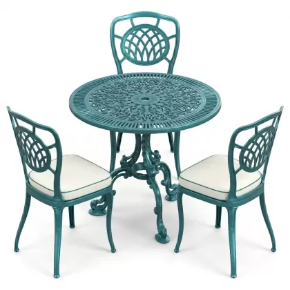 3 kişilik yuvarlak ferforje masa alüminyum döküm sandalye takımı turkuaz