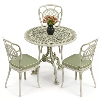 3 kişilik yuvarlak ferforje masa alüminyum döküm sandalye takımı yeşil beyaz patina