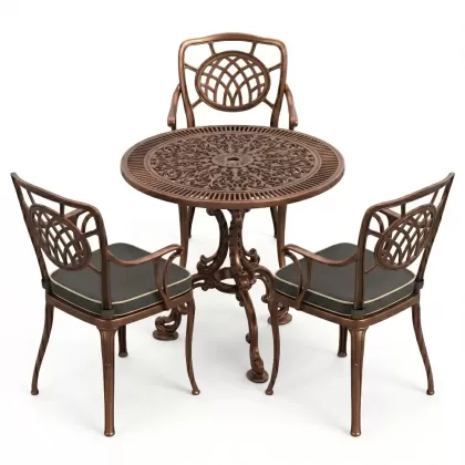 3 kişilik yuvarlak döküm masa ay figürlü sandalye takımı bakır eskitme