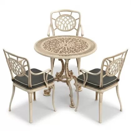 3 kişilik yuvarlak döküm masa ay figürlü sandalye takımı beyaz eskitme