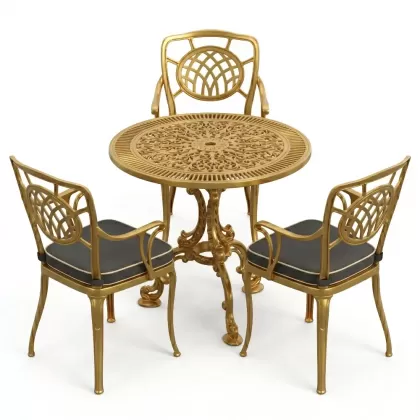3 kişilik yuvarlak döküm masa ay figürlü sandalye takımı gold altın