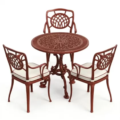 3 kişilik yuvarlak döküm masa ay figürlü sandalye takımı kiremit kırmızı