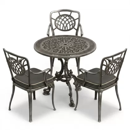 3 kişilik yuvarlak döküm masa ay figürlü sandalye takımı silver gümüş