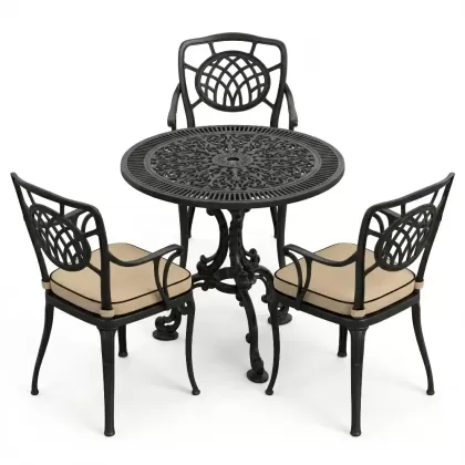 3 kişilik yuvarlak döküm masa ay figürlü sandalye takımı siyah